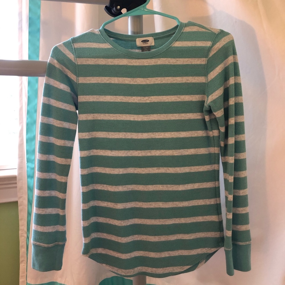 Teal and White Striped Long Sleeve Tee